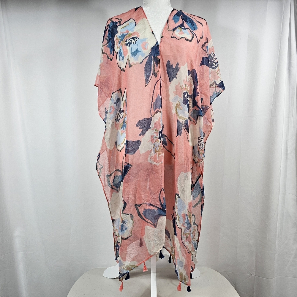 Breezy Lane Floral Kimono Cardigan One Size Pink Tropical Open Front Cover Up